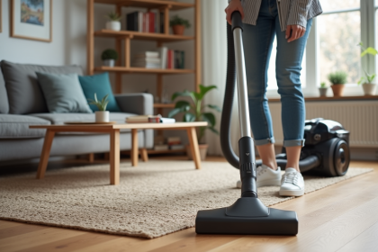 Jeune femme aspirant un sol moderne dans un salon organisé