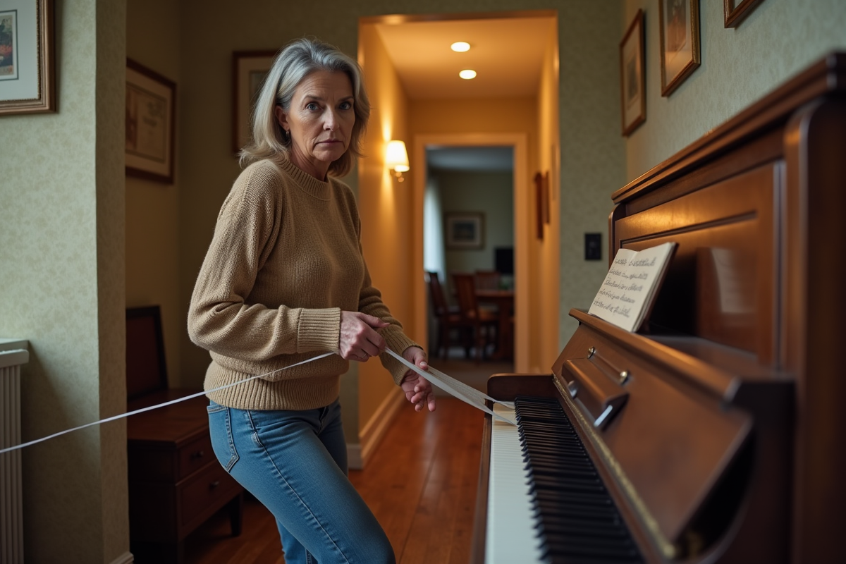 Femme sécurise un piano avec des sangles dans un couloir intérieur