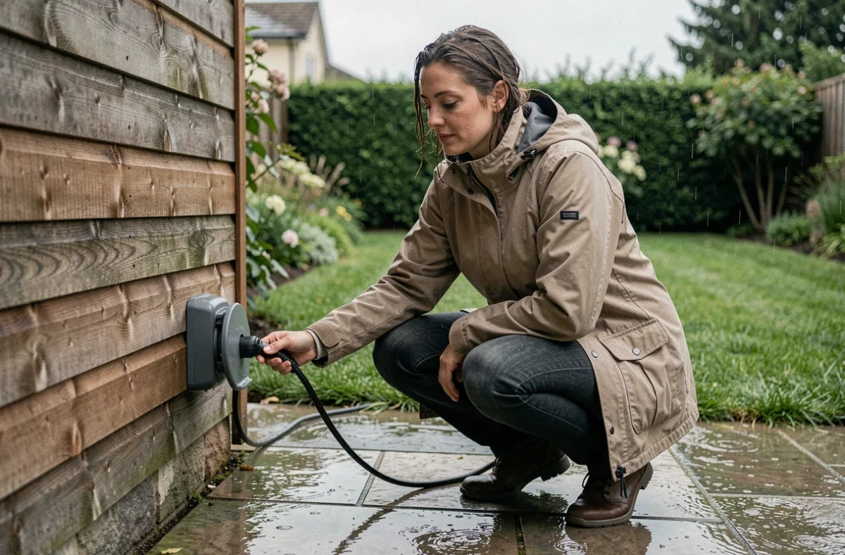 Femme branchant un câble électrique sur une prise extérieure étanche dans un jardin sous la pluie