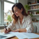 Femme d affaires signant un document dans un bureau lumineux