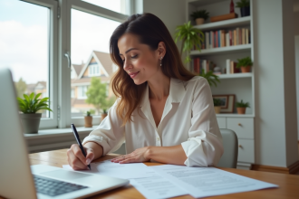 Femme d affaires signant un document dans un bureau lumineux