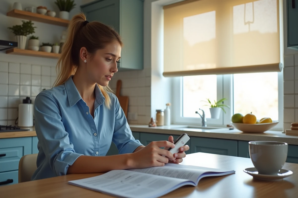 Femme de 30 ans utilise une télécommande pour un volet bloqué dans la cuisine