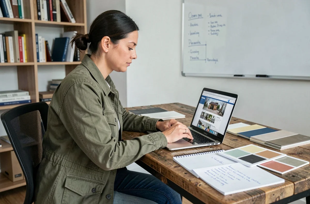 Femme consultant le guide renovimmopro sur un ordinateur portable pour planifier la rénovation de son appartement depuis un bureau à domicile