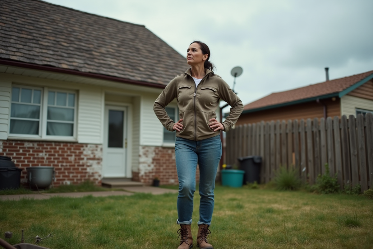 Femme regarde le toit vieillissant de sa maison dans le jardin