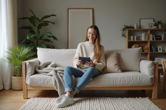 Femme souriante dans un salon scandinave cosy