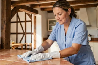 Femme de ménage en uniforme bleu nettoyant un plan de travail dans une maison alsacienne avec poutres en bois