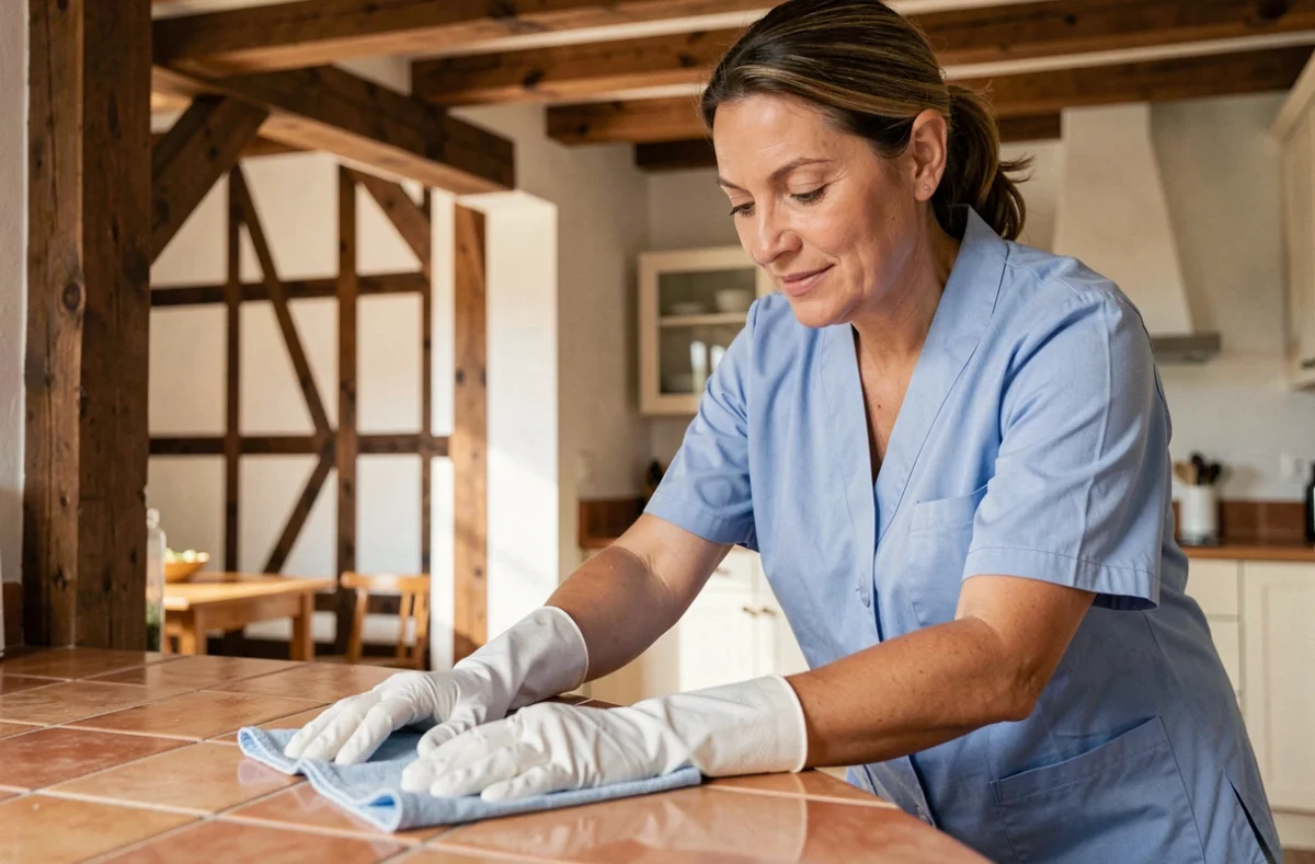 Femme de ménage en uniforme bleu nettoyant un plan de travail dans une maison alsacienne avec poutres en bois