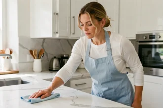 Femme de ménage professionnelle nettoyant un plan de travail dans une cuisine moderne à Pessac