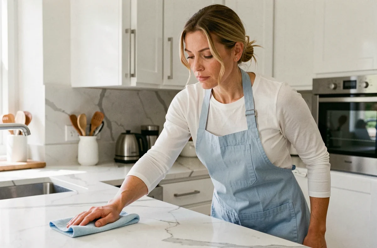 Femme de ménage professionnelle nettoyant un plan de travail dans une cuisine moderne à Pessac