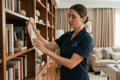 Femme de ménage professionnelle en uniforme bleu marine époussetant une bibliothèque dans un appartement élégant