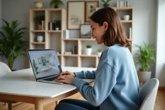 Femme concentrée sur son ordinateur en design 3D de salle de bain