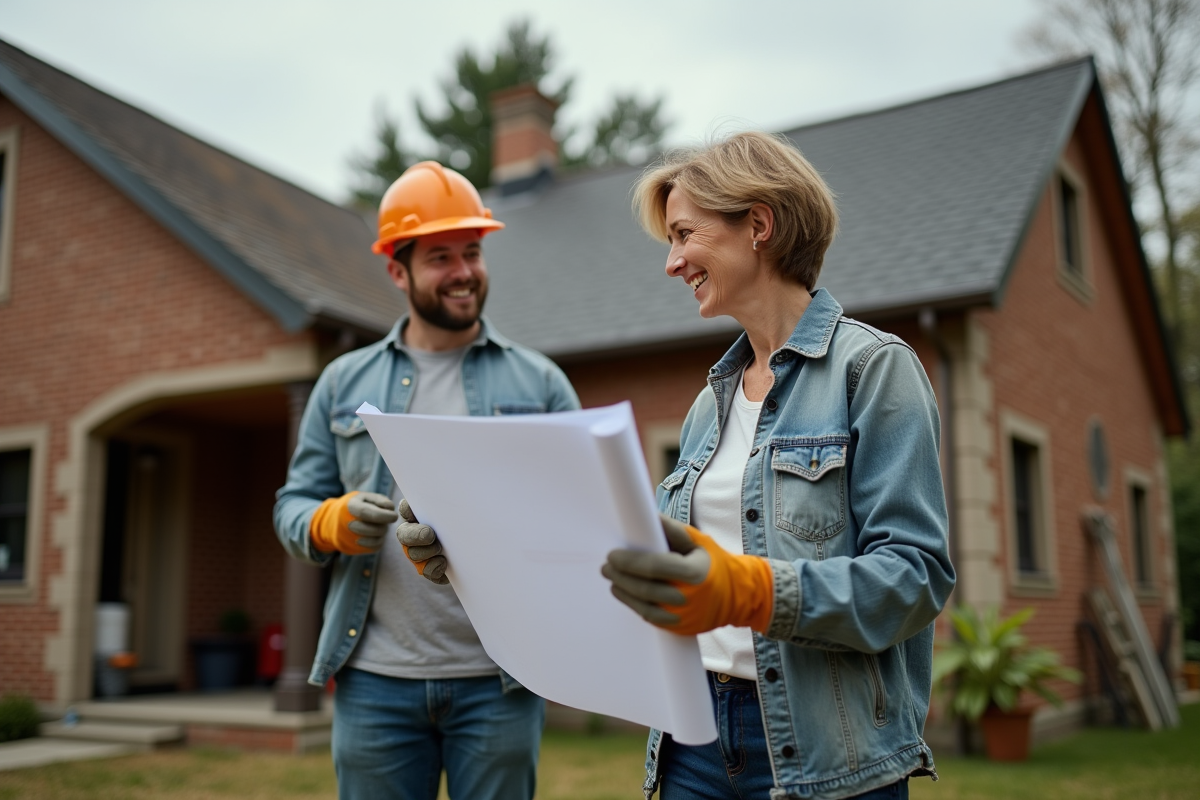 Femme souriante parle avec couvreur et plans de toiture