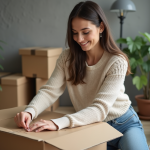 Femme emballant une boxe de déménagement dans un appartement moderne