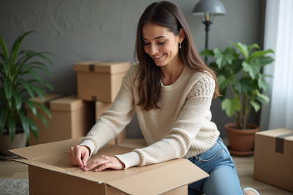Femme emballant une boxe de déménagement dans un appartement moderne