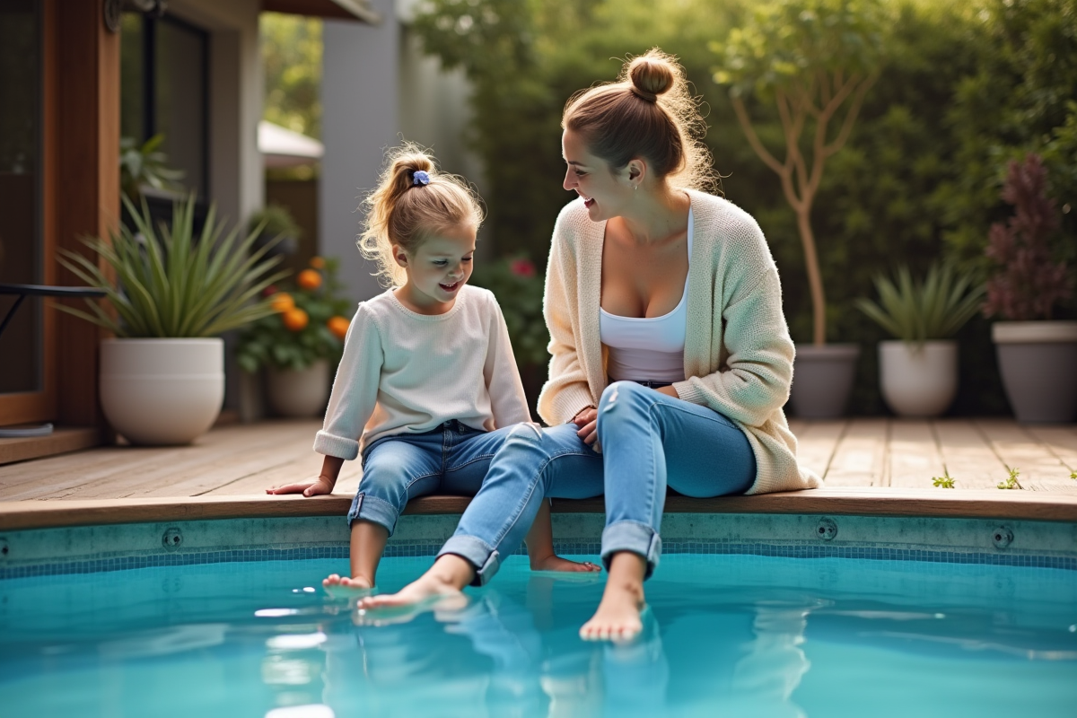 Femme et fille profitant de la piscine dans le jardin