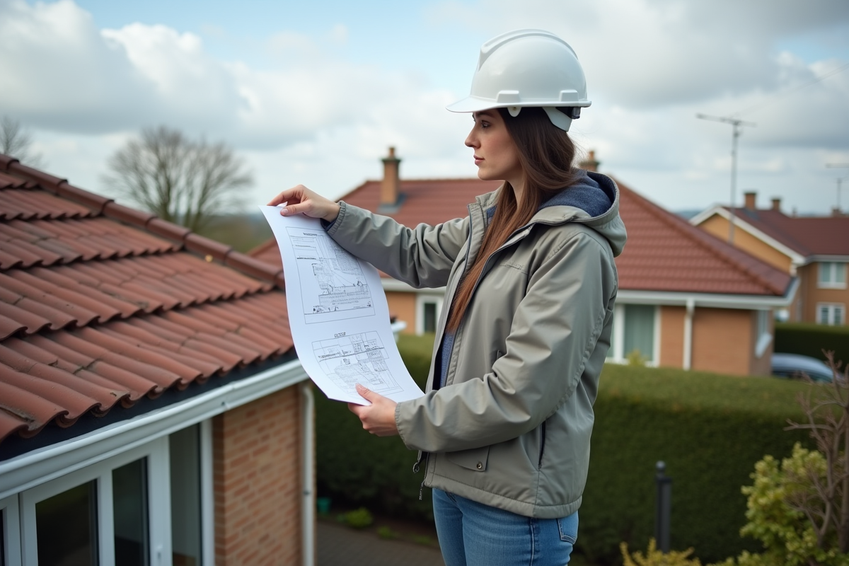 Femme entrepreneur vérifiant un plan de réparation sur un toit résidentiel