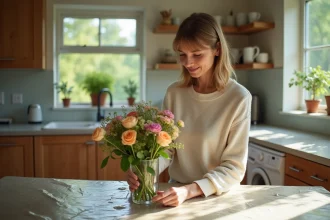 Femme arrangeant un bouquet de fleurs dans la cuisine moderne