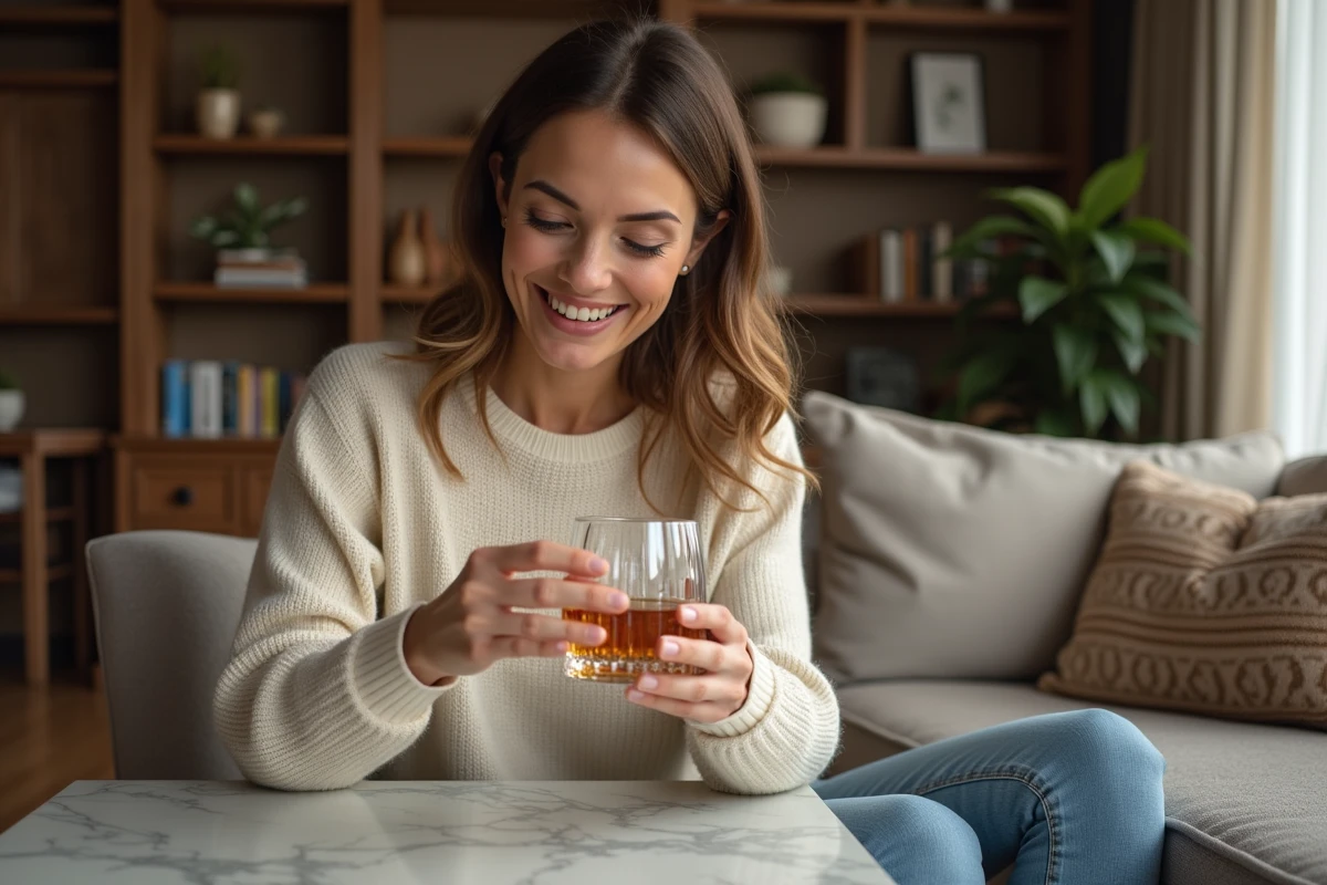 Femme souriante tenant un verre de whisky dans un salon