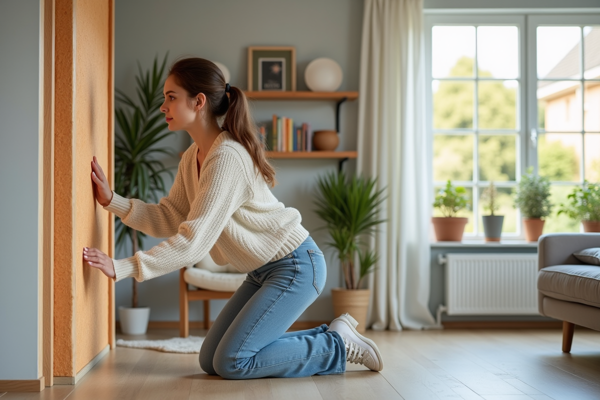 Jeune femme touchant une paroi isolée dans un salon moderne