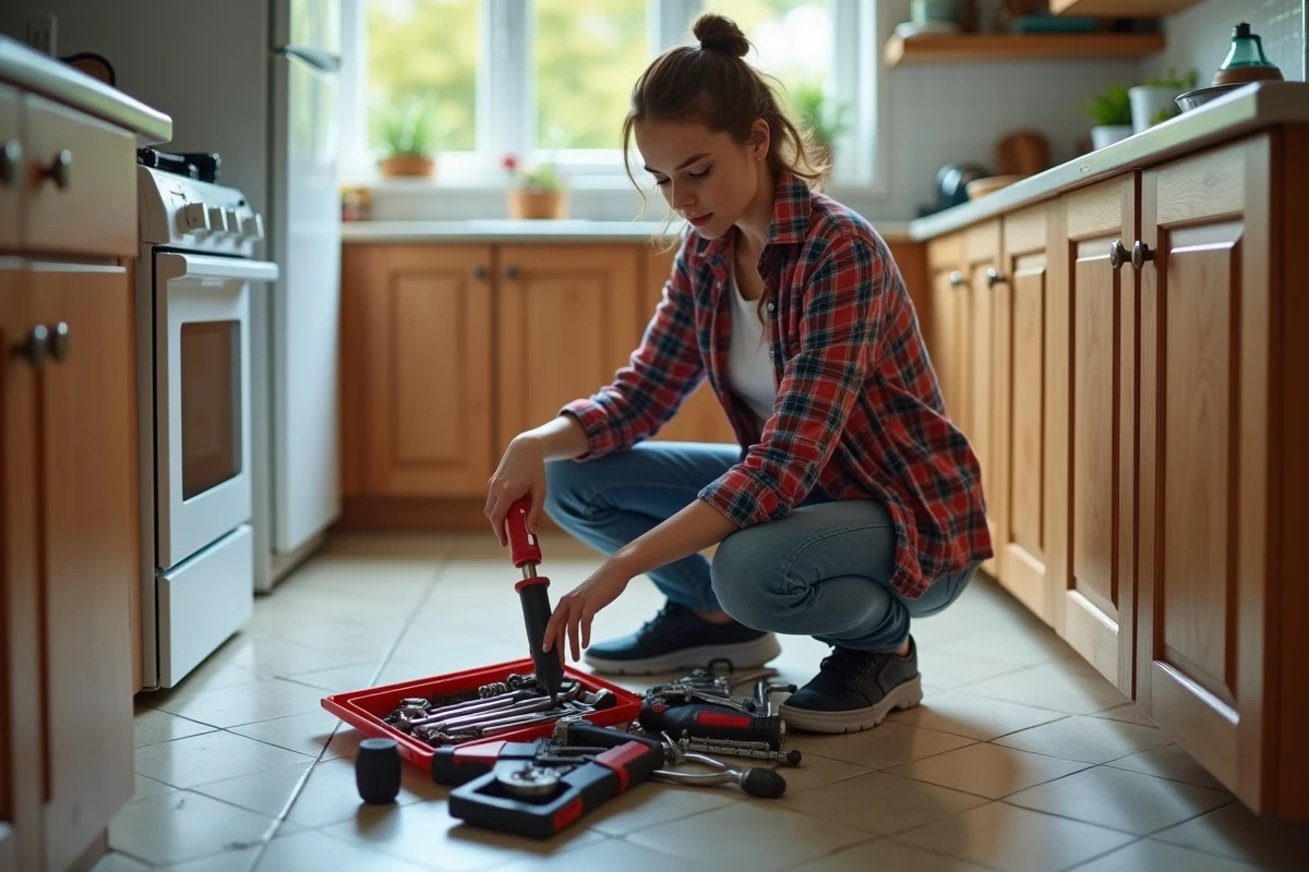 Jeune femme examine un kit de plomberie dans la cuisine