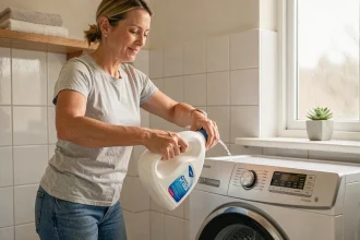 Femme versant une lessive liquide écologique dans un lave-linge en programme froid pour réduire la consommation électrique