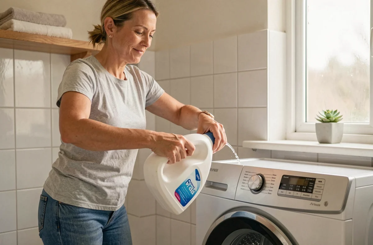Femme versant une lessive liquide écologique dans un lave-linge en programme froid pour réduire la consommation électrique