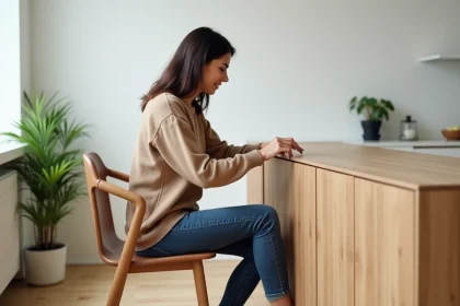 Femme examinant un meuble minimaliste dans un salon moderne
