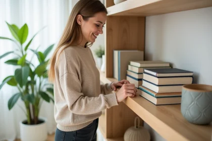 Femme souriante organise des livres dans un salon lumineux
