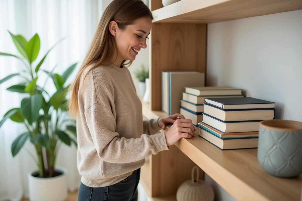 Femme souriante organise des livres dans un salon lumineux