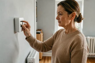 Femme ajustant un thermostat moderne dans un appartement pour optimiser le traitement de l'eau chaude sanitaire et les économies d'énergie