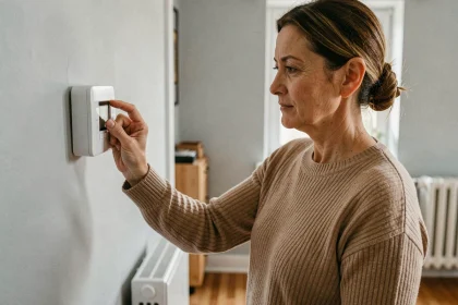 Femme ajustant un thermostat moderne dans un appartement pour optimiser le traitement de l'eau chaude sanitaire et les économies d'énergie