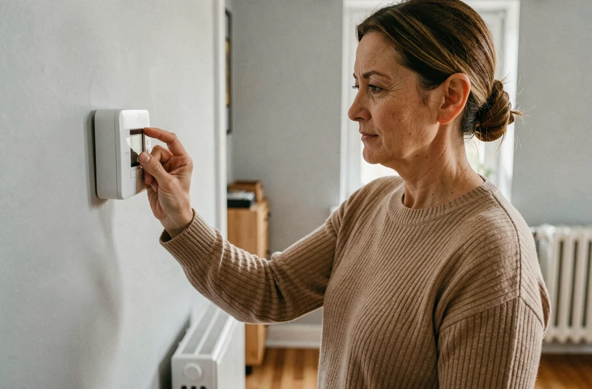 Femme ajustant un thermostat moderne dans un appartement pour optimiser le traitement de l'eau chaude sanitaire et les économies d'énergie