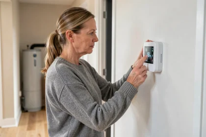 Femme réglant un thermostat numérique moderne pour une pompe à chaleur dans un couloir au style scandinave