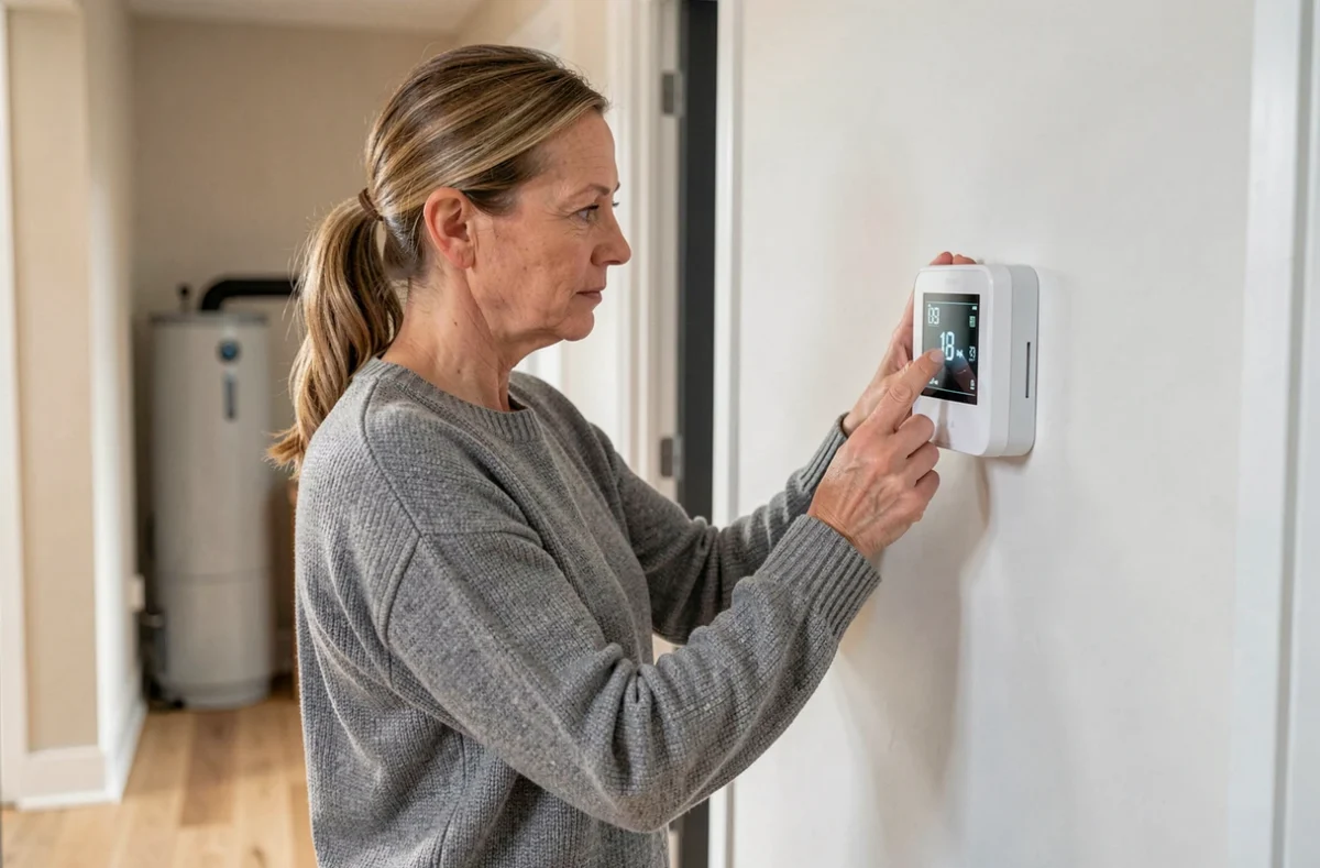 Femme réglant un thermostat numérique moderne pour une pompe à chaleur dans un couloir au style scandinave