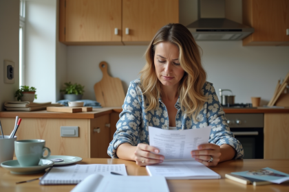 Femme moyenne age examine factures de renovation cuisine