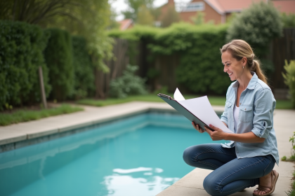 Femme souriante examinant des plans près d'une piscine abandonnée