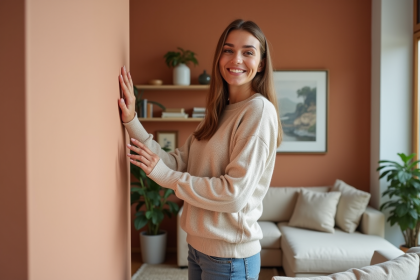 Femme souriante dans un salon avec mur terracotta