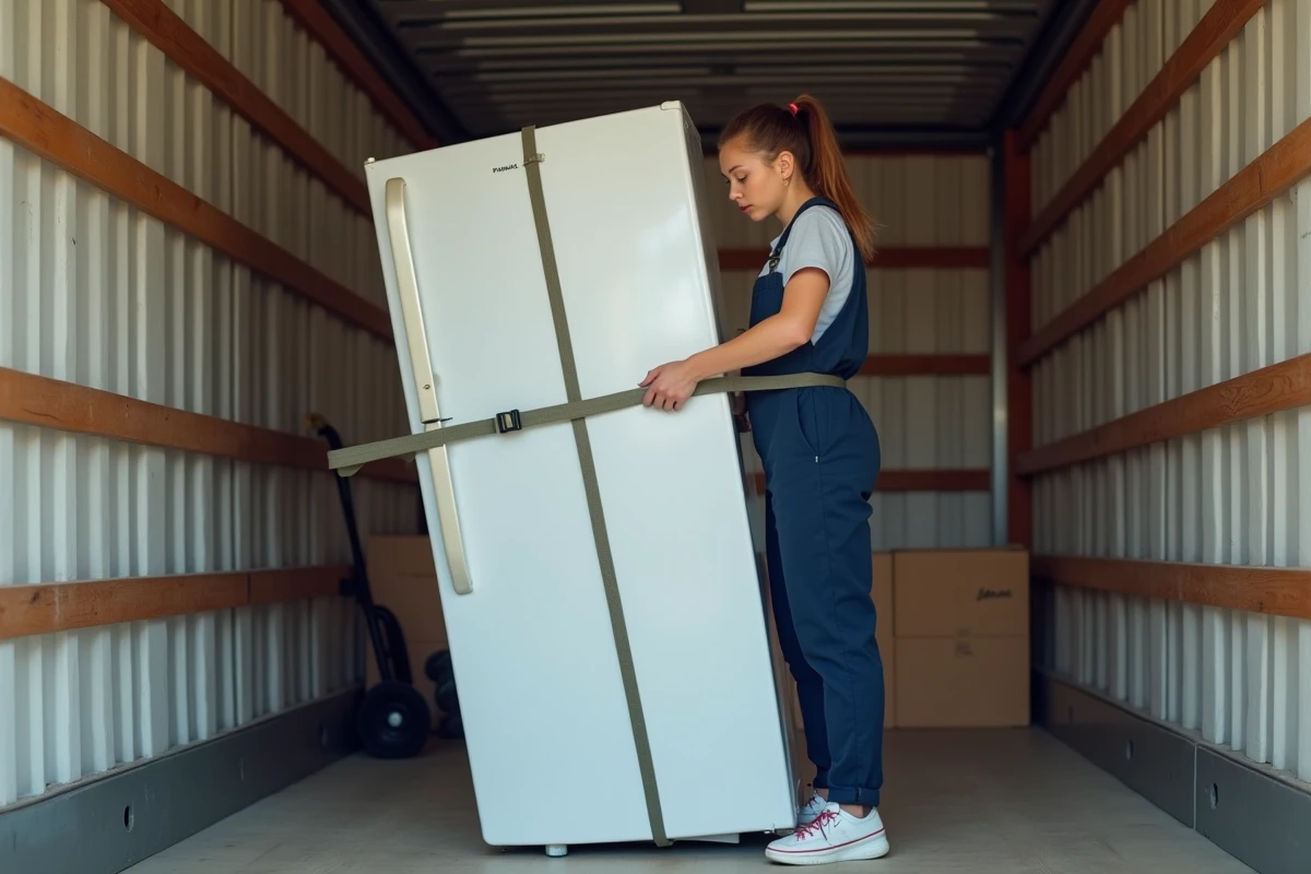 Jeune femme fixant un réfrigérateur dans un camion de déménagement