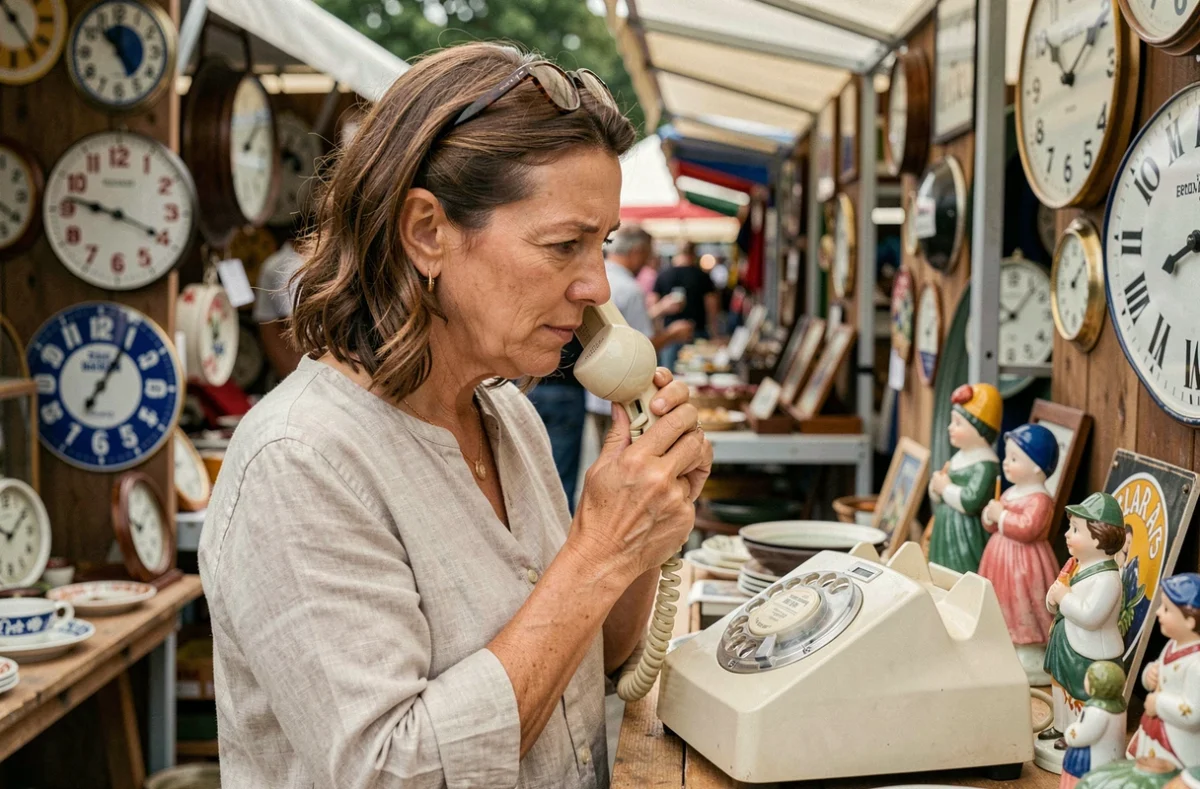 Femme examinant un téléphone à cadran rotatif crème sur un stand de brocante en plein air