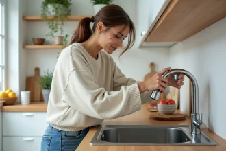 Jeune femme vérifiant le compteur d'eau dans la cuisine lumineuse