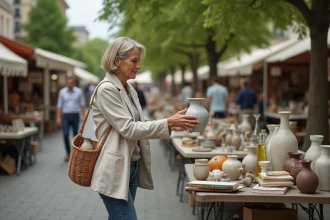Femme inspectant une vase vintage dans un vide grenier en plein air dans les Hauts-de-Seine