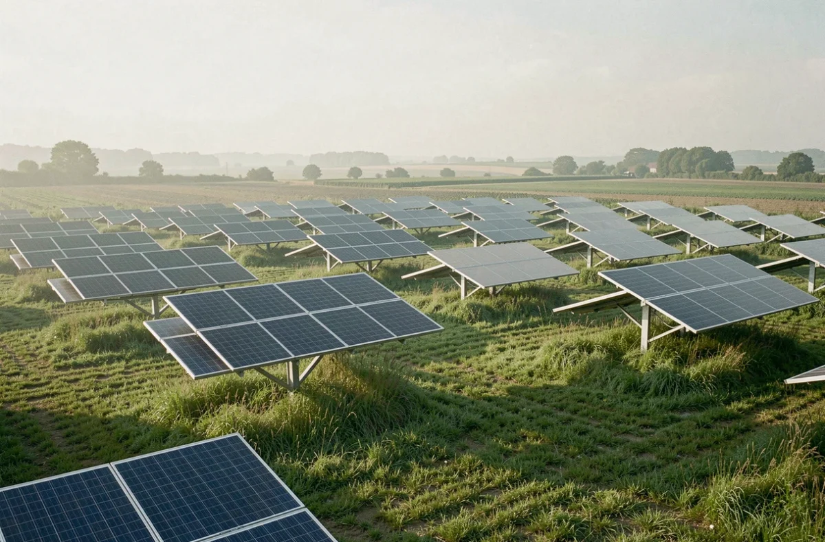 Ferme solaire bifaciale au sol avec panneaux surélevés dans un champ agricole en France montrant la double face active