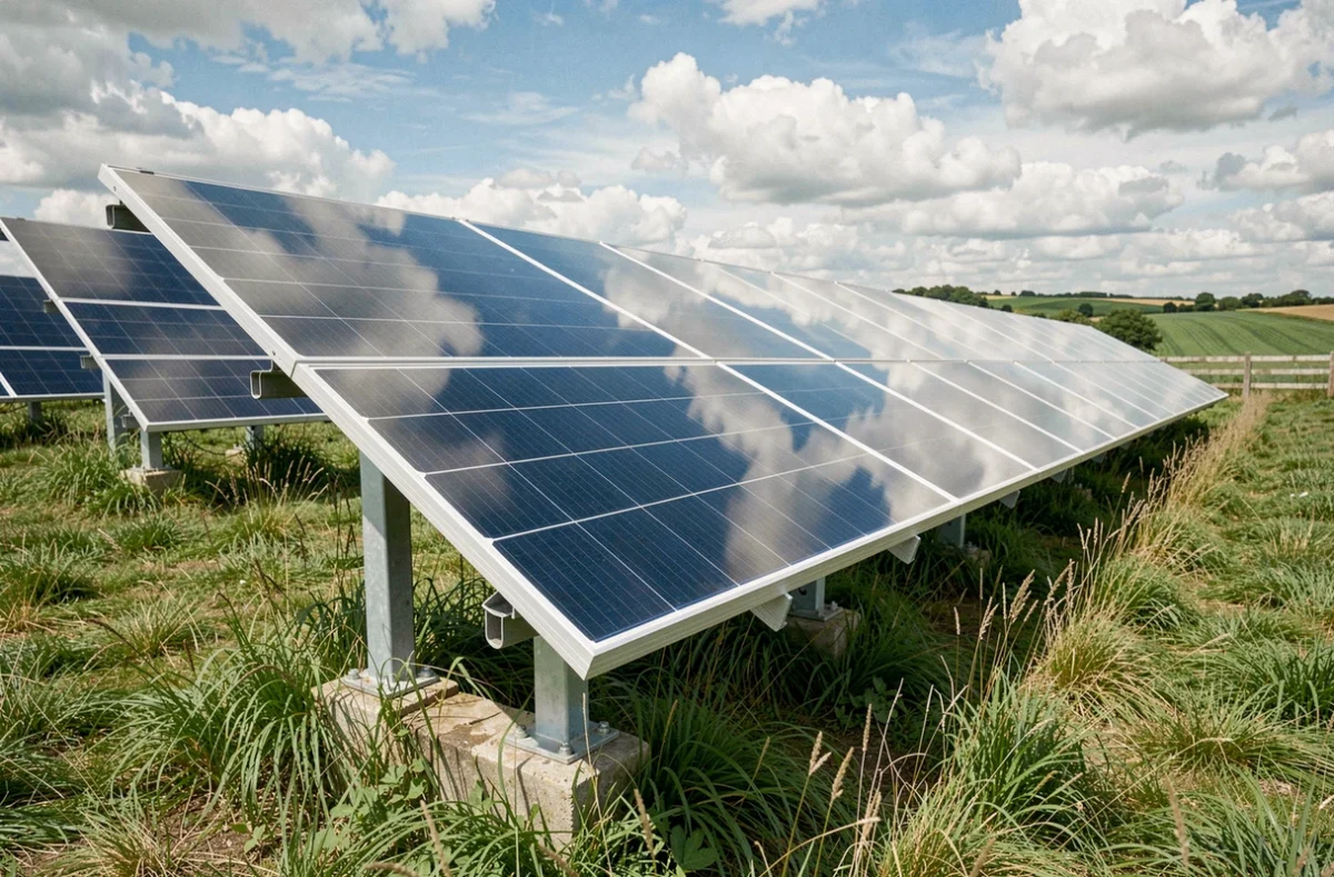 Rangée de panneaux solaires bi-verre sur structure au sol dans un parc solaire rural avec champs verts en arrière-plan
