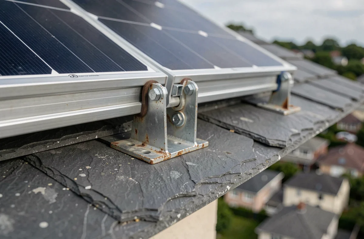 Détail du système de fixation d'un panneau solaire sur une toiture en ardoise, montrant les rails et supports métalliques