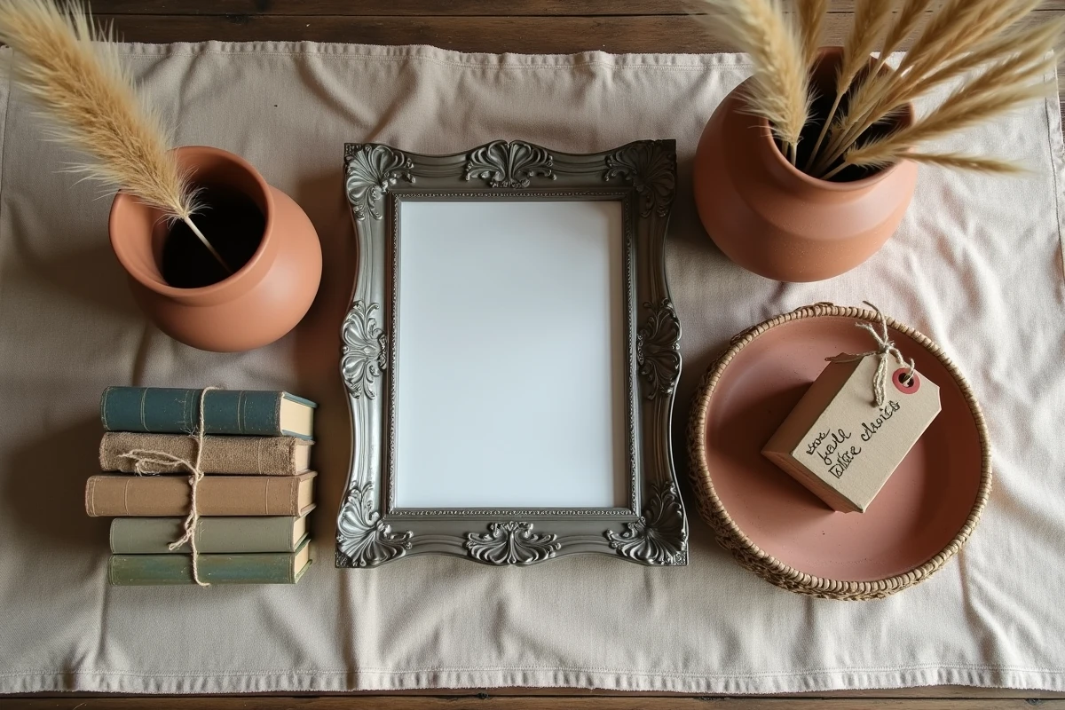 Flat lay d'objets brocante et créations artisanales sur tissu lin, composition décorative vintage pour boutique en ligne