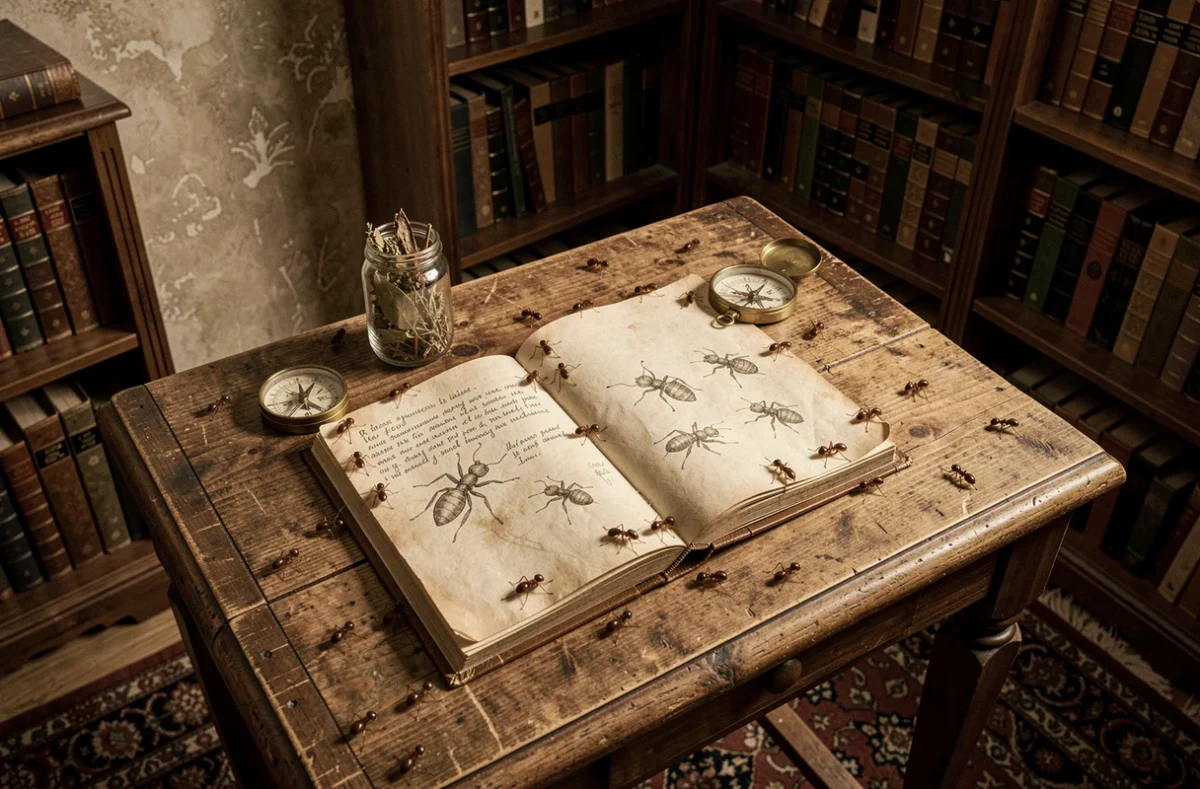 Scène de nature morte avec un journal ancien, des herbes séchées et des fourmis vivantes sur une table en bois, illustrant les traditions et croyances populaires liées aux fourmis dans la maison