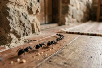Colonne de fourmis noires traversant un plancher en bois rustique dans une cuisine traditionnelle française, symbolisant les croyances populaires sur les fourmis dans la maison