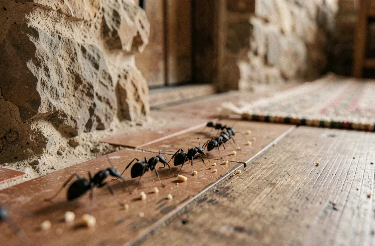 Colonne de fourmis noires traversant un plancher en bois rustique dans une cuisine traditionnelle française, symbolisant les croyances populaires sur les fourmis dans la maison
