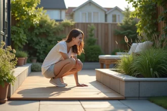 terrasse enterrée moderne avec mobilier et plantes décoratives