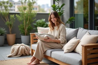terrasse cosy aménagée avec mobilier confortable et éclairage chaleureux